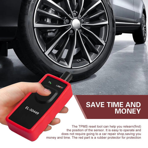 Zero Hassle TPMS Relearn Reset Tool and Tire Pressure Sensor Programmer for Universal Cars Trucks SUVs with sleek design in hand by tire