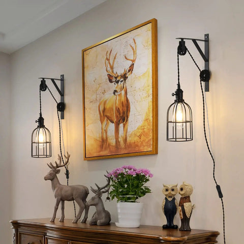 Industrial Pulley Wall Lights Set Of 2 With Iron Cage Farmhouse Sconce Lamps Plug In 15 Foot Cord And Switch Adjustable Hanging Wall Lights That Give Your Living Room Or Bedroom A Cool Rustic Farmhouse Vibe