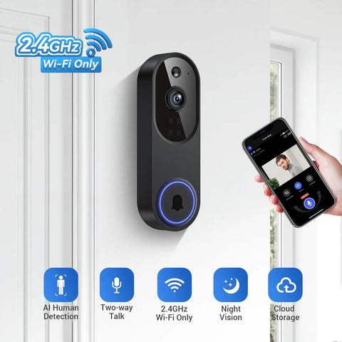 1080P Wireless Video Doorbell Cam With AI Human Detection, Crystal Clear Night Vision, Two Way Talk, 2.4GHz WiFi