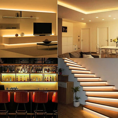 Modern indoor spaces lit with Dope Warm White LED Strip Lights 120 LEDs Per Meter, 12V, under cabinets and shelves, 2700K ambiance.