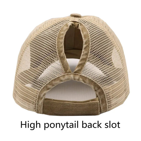 Back view of womens ponytail cap with dual high and low openings for messy buns and thick hair distressed washed dad hat