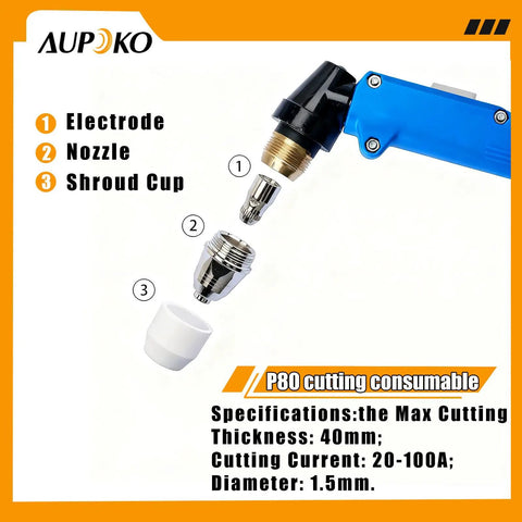Exploded view of Plasma Cutter Torch Consumables Kit 45-Piece With 1.5mm Tips Nozzles Electrodes Shield Cups For BTC800DP P-80