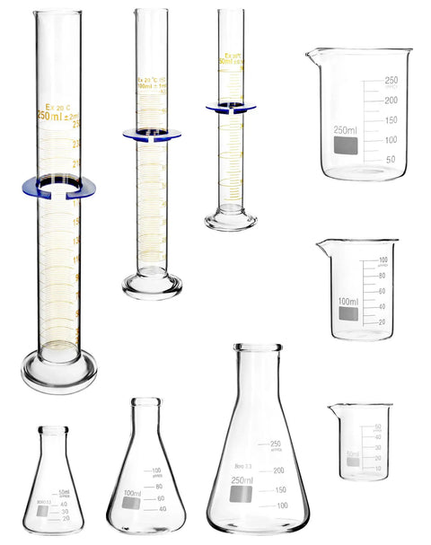 9 Piece Borosilicate Glass Labware Set With Beakers Erlenmeyer Flasks And Graduated Cylinders Heat Resistant Chemistry Gear