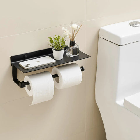 Black Wall Mount Towel Holder With Shelf For Bathroom And Kitchen All In One Do It All Multi Functional Paper Towel Holder next to a toilet