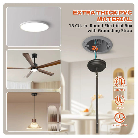 Six Pack Groundable 4 Inch Old Work Ceiling Box Set, UL Listed Flush Mount PVC Junction Box, Round Electrical Box 18 Cu In Outlet Box, Durable PVC Ceiling Electrical Box for Home Improvement Projects installed in a ceiling with wiring