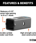 Side-view of CURT 45405 receiver adapter sleeve, 2-1/2in to 2in, carbon steel with carbide powder coat finish