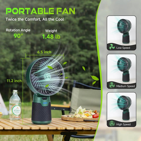 4 in 1 Modular Camping Lantern Rechargeable Led Flashlight And Portable Camp Fan shown on outdoor table with dimensions