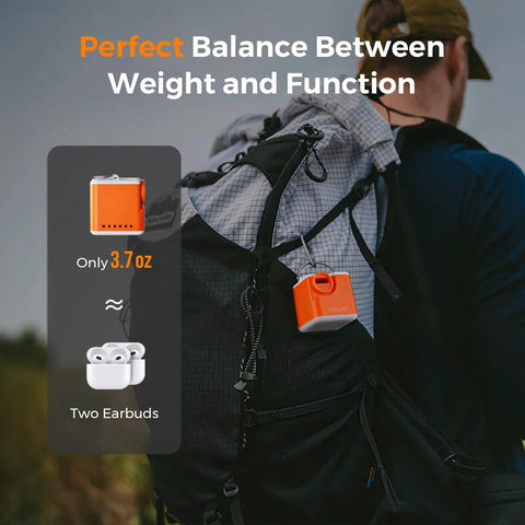 Ultra Portable Mini Air Pump For Inflatables With 2400mAh Battery attached to a backpack, highlighting its lightweight.