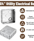 Top Shelf 6 Pack 4 Inch Square Electrical Junction Boxes With Covers Galvanized Steel Outlet Cans 1 2 Inch Deep 21 Cubic Capacity No Fuss Install showing utility box details.