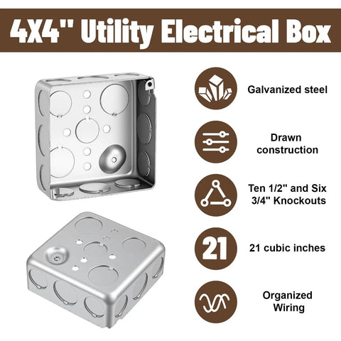 Top Shelf 6 Pack 4 Inch Square Electrical Junction Boxes With Covers Galvanized Steel Outlet Cans 1 2 Inch Deep 21 Cubic Capacity No Fuss Install showing utility box details.