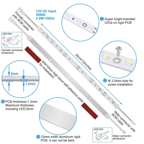 Diagram of Under Cabinet LED Lighting Kit For Kitchens And Shelves With 6 x 12 Inch Rigid Light Strips, details of connectors and dimensions.