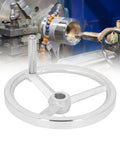 Rotary Handwheel 250mm Diameter Cast Iron Chrome Plated With 3 Spoked Revolving Handle shown on a lathe machine