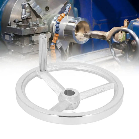 Rotary Handwheel 250mm Diameter Cast Iron Chrome Plated With 3 Spoked Revolving Handle shown on a lathe machine