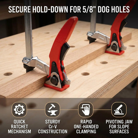 Two Pack Welding Table Clamps For Three Quarter Inch Dog Holes Heavy Duty Workbench Clamps with red grips on wooden bench