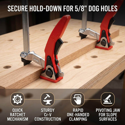 Beefy 5/8 Inch Bench Dog Clamp With Ratchet Hold Down And Vibration Resistant Jaws on MFT table in use.