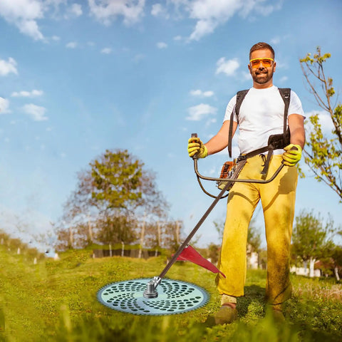 Man using 10 Inch 80T Carbide Tip Brush Cutter Blade With Adapter Kit For Stihl Husqvarna Ryobi Weed Eater on grassy field