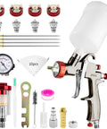 Pro Grade LVLP Spray Gun With Swappable 1.3 To 2.0 Millimeter Nozzles And Integrated Pressure Regulator and accessories laid out.