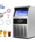 Rock Solid Commercial Ice Maker showing cubes, drinks, and parts, featuring drip-free self-cleaning and 30 lb storage.