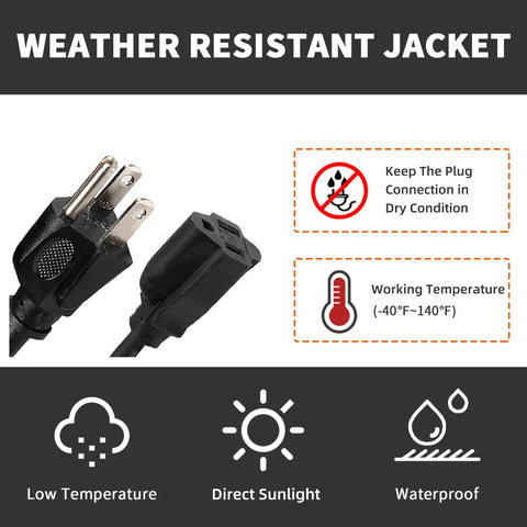 Outdoor Extension Cord 10 Ft 16/3 SJTW Black Heavy Duty Cable With Grounded 3 Prong Plug For Weatherproof Power To Christmas Lights And Outdoor Decorations UL Listed Water Resistant Flame Retardant Slip Resistant