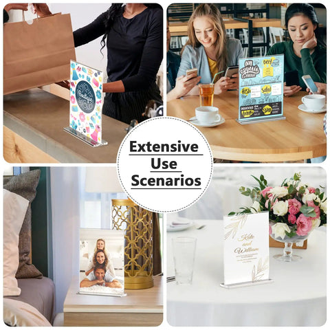Double Sided Acrylic Sign Holder Eight And A Half By Eleven Inches Two Pack Table Top Display Stand in various settings.