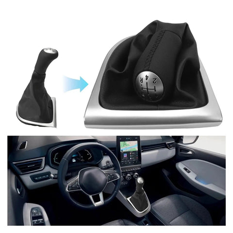 Upgrade Your Ride With This Slick Car Gear Knob For Clio 4 Made From Tough Raw Materials Perfect For 5 Speed Stick Shift Handles That Won't Fade Or Warp Over Time Giving You A Cool And Durable Control Experience While Driving Like A Local. black 5-speed gear shift knob with boot for Clio 4 interior