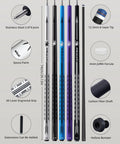 Top Shelf 58 Inch Carbon Fiber Pool Cue Stick Set Offering Dead Nuts Low Deflection Pro Taper Shaft And Slick Wrapless Grip With Extension Kit Hard Case Weight Bolts Towel For Serious League Play showing five cues with detailed parts.