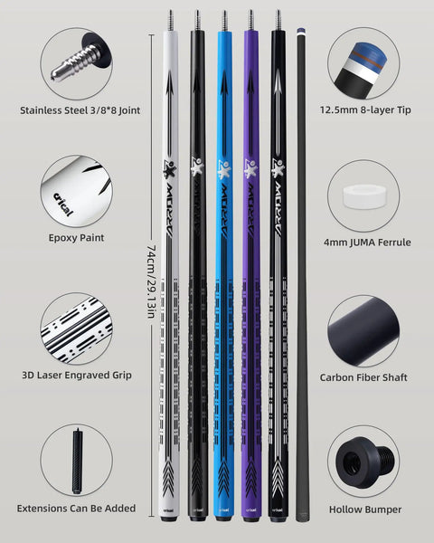Top Shelf 58 Inch Carbon Fiber Pool Cue Stick Set Offering Dead Nuts Low Deflection Pro Taper Shaft And Slick Wrapless Grip With Extension Kit Hard Case Weight Bolts Towel For Serious League Play showing five cues with detailed parts.