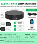 Foxvee Remote Control Electric Turntable Display Stand 360 Degree Silent Spinning Platform For Showcases Adjustable Speed Multi Mode Rotating Base Black 4.5 Inch with power options and control features.