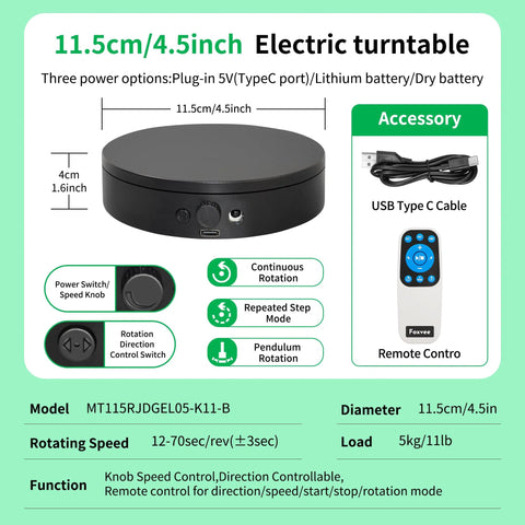 Foxvee Remote Control Electric Turntable Display Stand 360 Degree Silent Spinning Platform For Showcases Adjustable Speed Multi Mode Rotating Base Black 4.5 Inch with power options and control features.