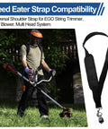 Person using Universal Shoulder Strap for String Trimmers and Outdoor Power Tools, Adjustable Nylon Harness With Upgraded Metal Clip.