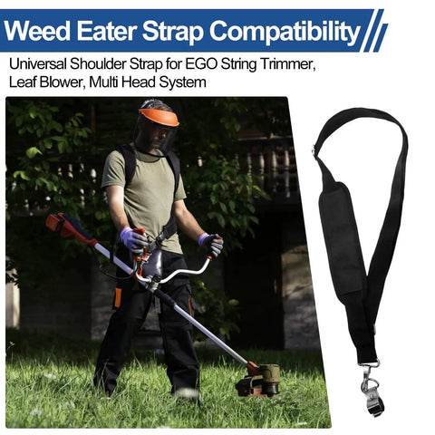 Person using Universal Shoulder Strap for String Trimmers and Outdoor Power Tools, Adjustable Nylon Harness With Upgraded Metal Clip.