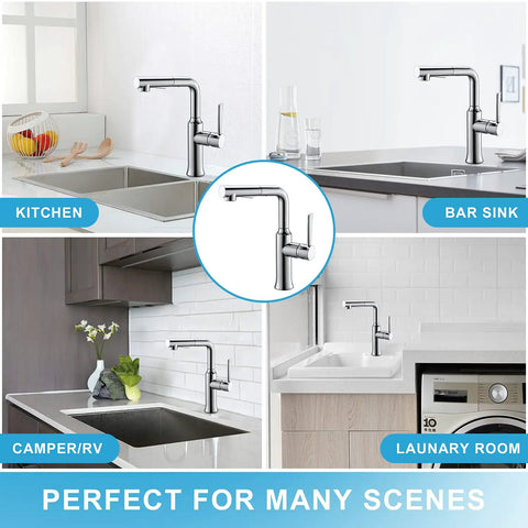 Bar Sink Faucet With Pull Down Sprayer And Magnetic Docking, RV Ready Mini Kitchen Faucet Chrome Finish in various settings