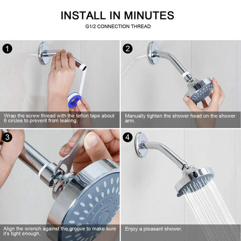 Installation steps for Five Mode High Pressure Shower Head With High Flow 4 Inch Oil Rubbed Bronze Finish Five Settings.