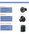 Diagram of M4x6mm Flat Head Hex Socket Cap Screws, showing countersunk head, black oxide finish, and uniform pitch.