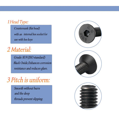 Diagram of M4x6mm Flat Head Hex Socket Cap Screws, showing countersunk head, black oxide finish, and uniform pitch.