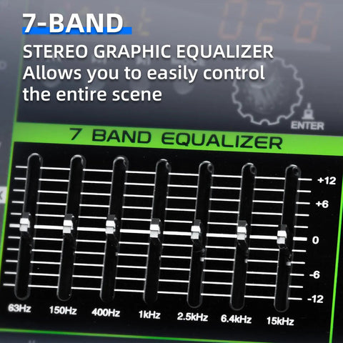 7-band stereo graphic equalizer on MX6 6 Channel USB Audio Mixer Dope Studio Console With 48V Phantom Power And 256 DSP Effects.