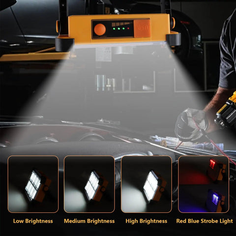 Rechargeable Solar Powered 120W LED Work Light With 144 LEDs And 10000 Lumen Output Portable Flood Light On Stand IP66 Waterproof Four Modes For Job Sites Camping Fishing Car Repair And Emergency Power showing multiple brightness settings in a garage repair scenario.