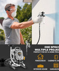 Pro Grade Electric Airless Paint Sprayer 1010W Motor 3000 PSI in use, painting a wall outdoors with a smooth finish.
