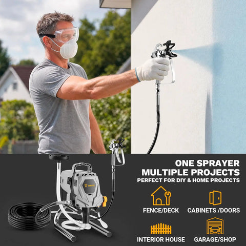 Pro Grade Electric Airless Paint Sprayer 1010W Motor 3000 PSI in use, painting a wall outdoors with a smooth finish.