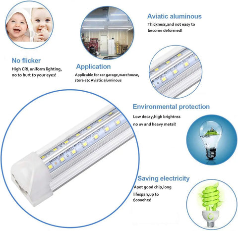 10Pack 4Ft LED Shop Light 50W 8000LM 6500K Linkable T8 Tube With Clear Cover showing lighting features and benefits