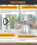 Clamp Lamp With 150W Max, 8.5 Inch Aluminum Reflector, 6 Foot Cord, Black, Bulb Not Included, shown with features