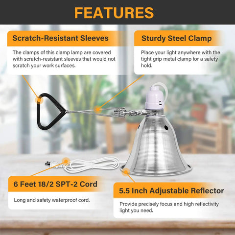 Clamp Lamp With 150W Max, 8.5 Inch Aluminum Reflector, 6 Foot Cord, Black, Bulb Not Included, shown with features