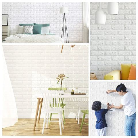 White 3D Wall Panels Pack Of 20 Sheets With 29 Sq Ft Coverage Printable Wallpaper Sticker Self Adhesive Waterproof Brick PE Foam Peel And Stick Interior Wall Decor For A Modern Home in various rooms.