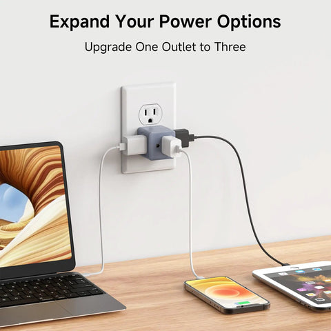 ETL Listed 3 Pack 3 Outlet Wall Adapter Cube Tap Grounded 3 Way Plug Splitter With 90 Degree Design Space Saving Power Splitter, gray, on wall.
