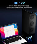 Sleek 12 Bay Aluminum Hard Drive Enclosure With Rapid Cooling Fan For 2.5 And 3.5 Inch SATA HDD Or SSD Via USB Type A And C 3.0 connected to laptop.