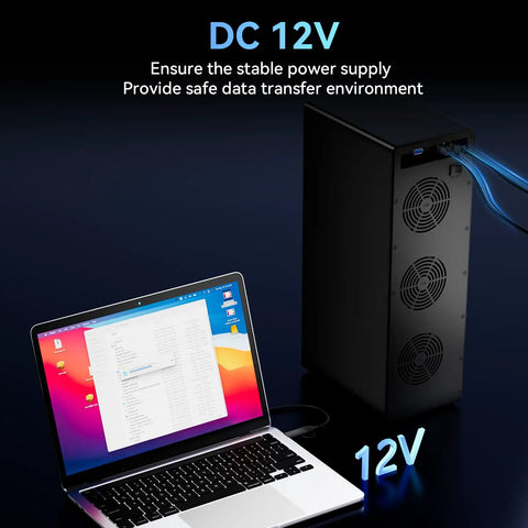 Sleek 12 Bay Aluminum Hard Drive Enclosure With Rapid Cooling Fan For 2.5 And 3.5 Inch SATA HDD Or SSD Via USB Type A And C 3.0 connected to laptop.