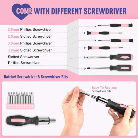 Different Screwdrivers and Ratchet in 148 Piece Home Tool Kit With Portable Case, Ratcheting Screwdriver Set, Hex Keys, Pliers, Wrench, Voltage Tester, Tape Measure And Water Pump Pliers For Women And DIY Beginners