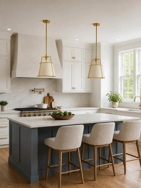 Karjearl Gold Pendant Lights Kitchen Island, 12.2" Linen Drum Chandelier above a modern kitchen island with stools.