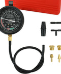 Front view of Weyleity fuel pump and vacuum tester gauge kit with black dial, red case, hose and brass adapters.