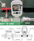 Half Inch NPT Portable Digital Thermal Mass Flow Meter installed on pipeline with LCD display showing readings, diagram below.